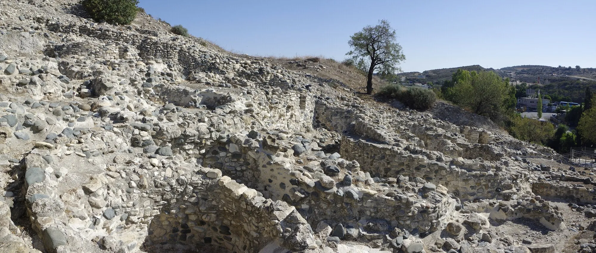 Excavated round stone house walls of the Neolithic settlement at Choirokoitia climbing a dry hillside, with a lone tree on the ridge and the modern village in the valley to the right