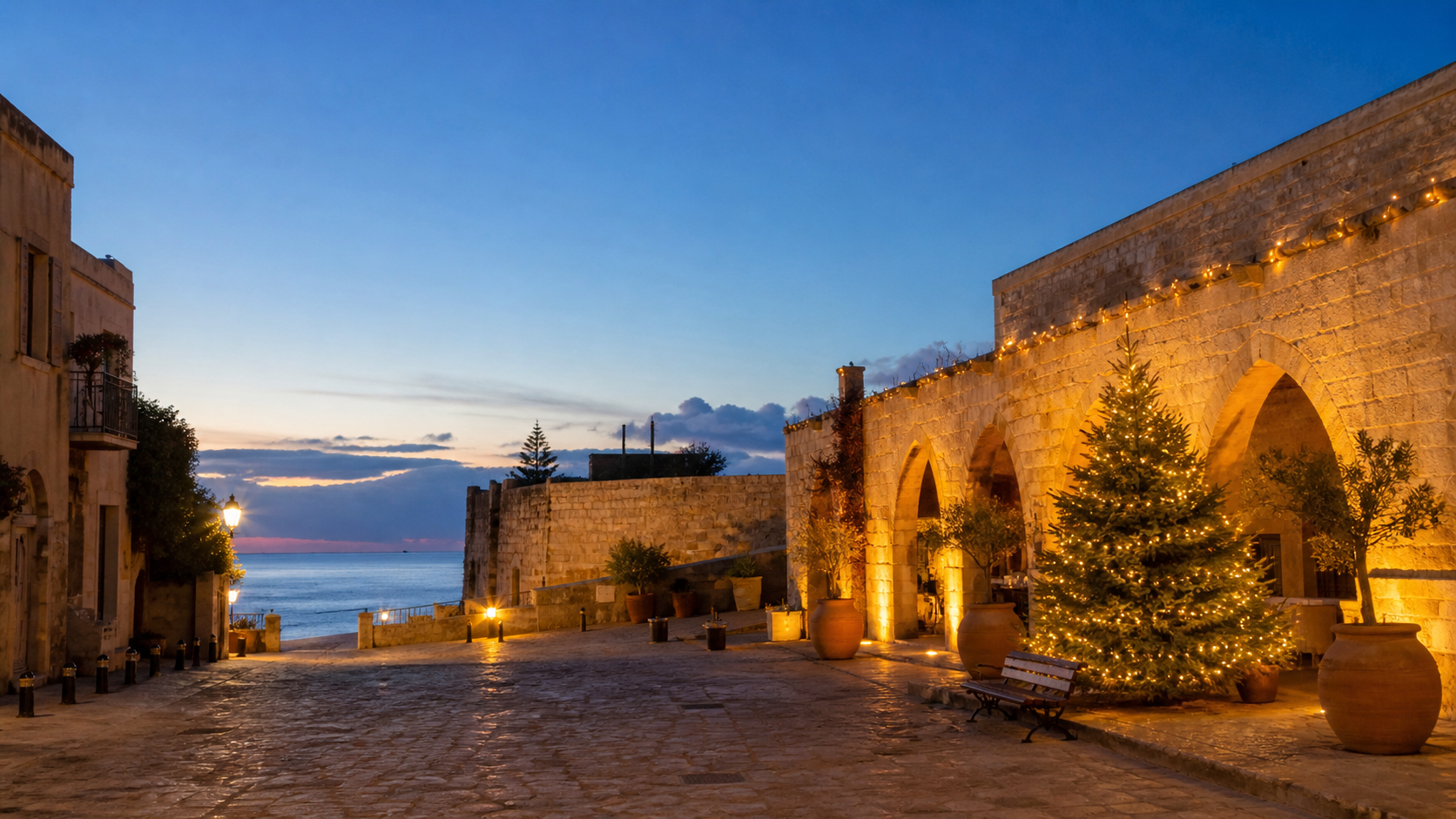 A warmly lit Christmas tree beside honey-coloured stone arches overlooking the Mediterranean at dusk