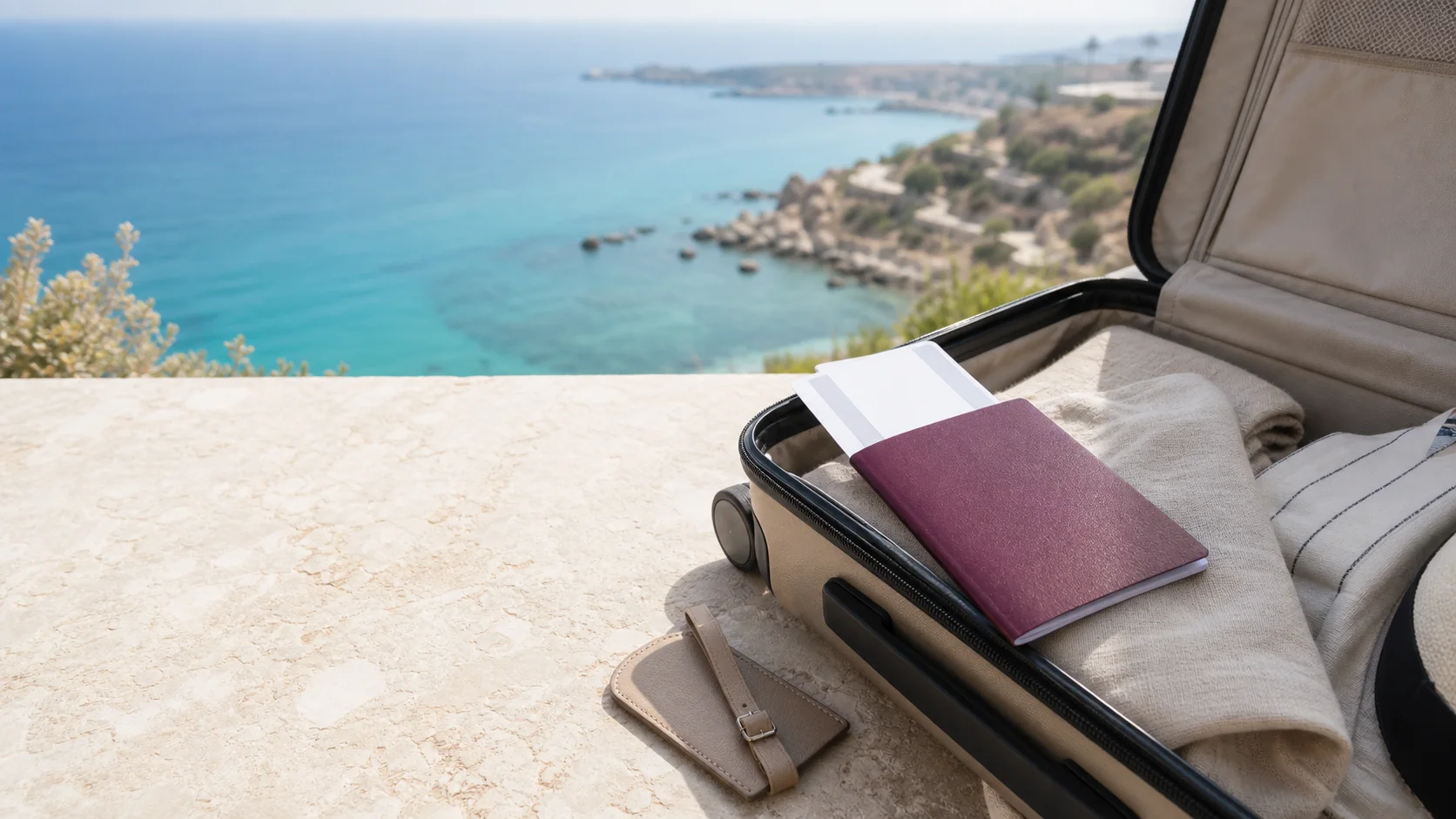 Travel documents in an open suitcase beside the Cyprus coast