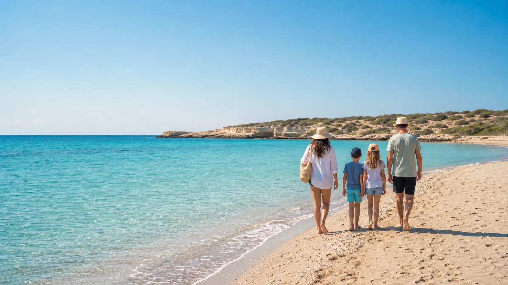 A family of four walking along a sandy Cyprus beach beside clear turquoise water