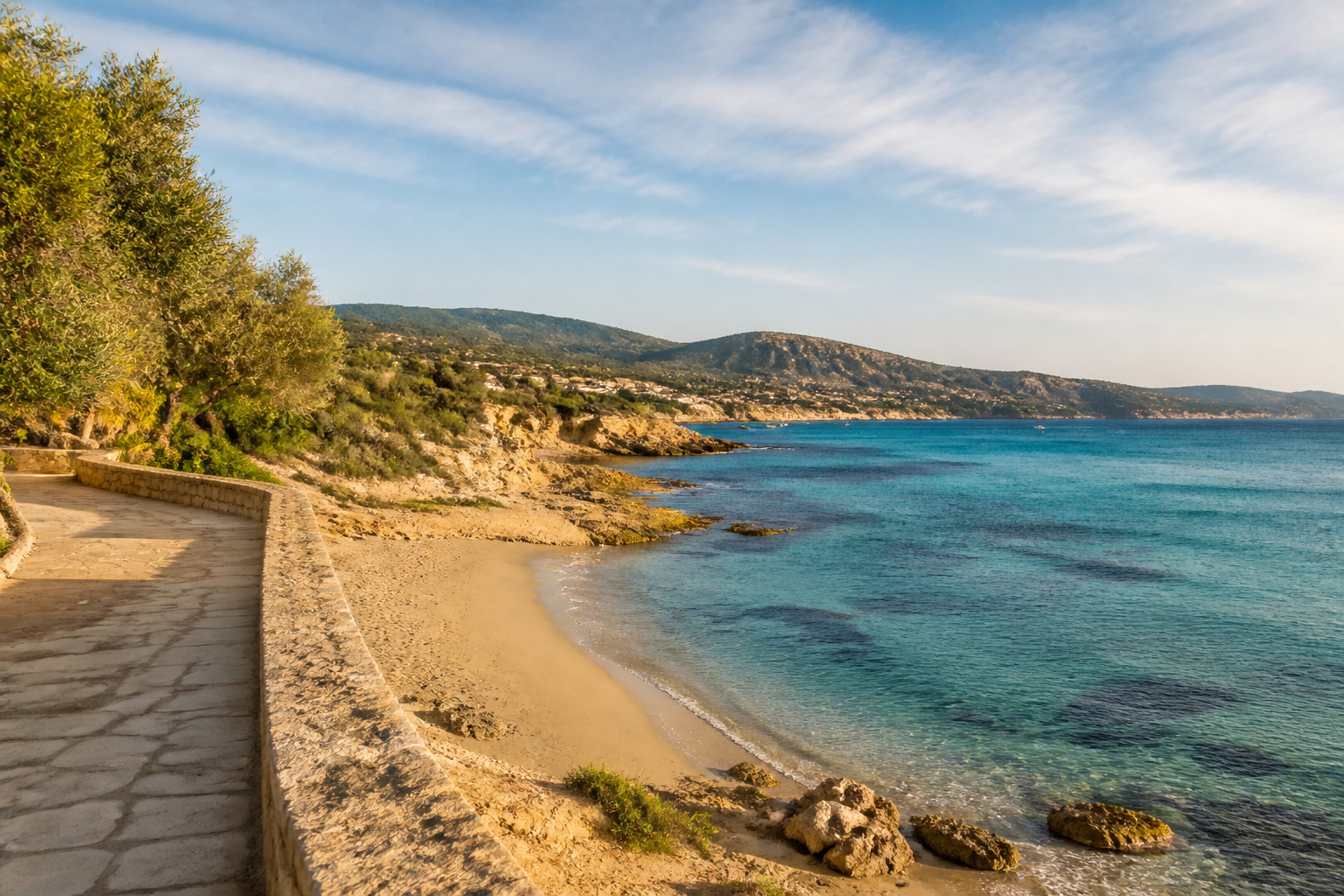 A quiet limestone promenade, small sandy cove and clear blue sea on the Cyprus coast in soft autumn light