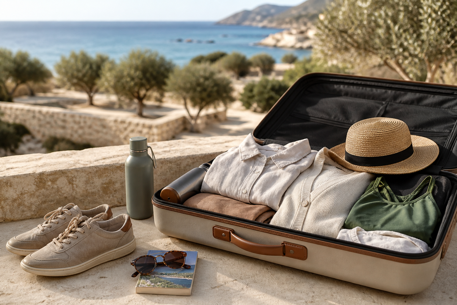 An open suitcase with light clothes, a hat, trainers and a water bottle beside the Cyprus coast