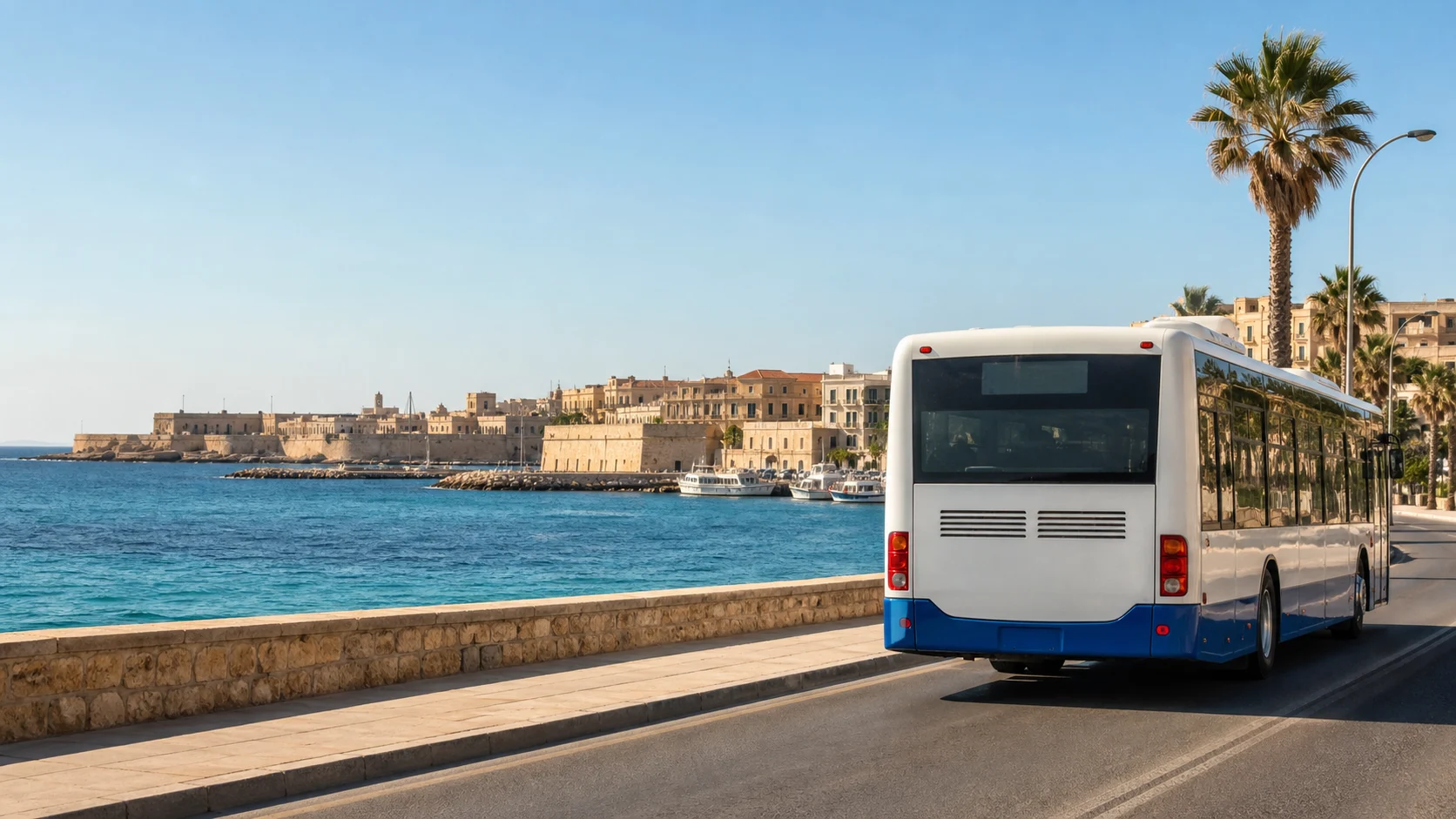 A modern bus travelling along a sunny Cyprus seafront beside the Mediterranean