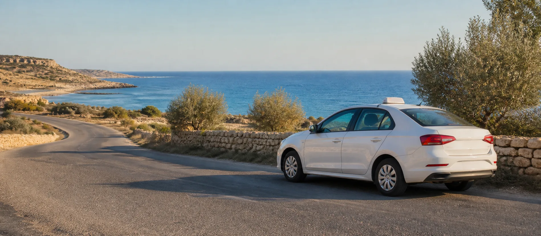An unbranded white taxi on a quiet coastal road above the Mediterranean in Cyprus