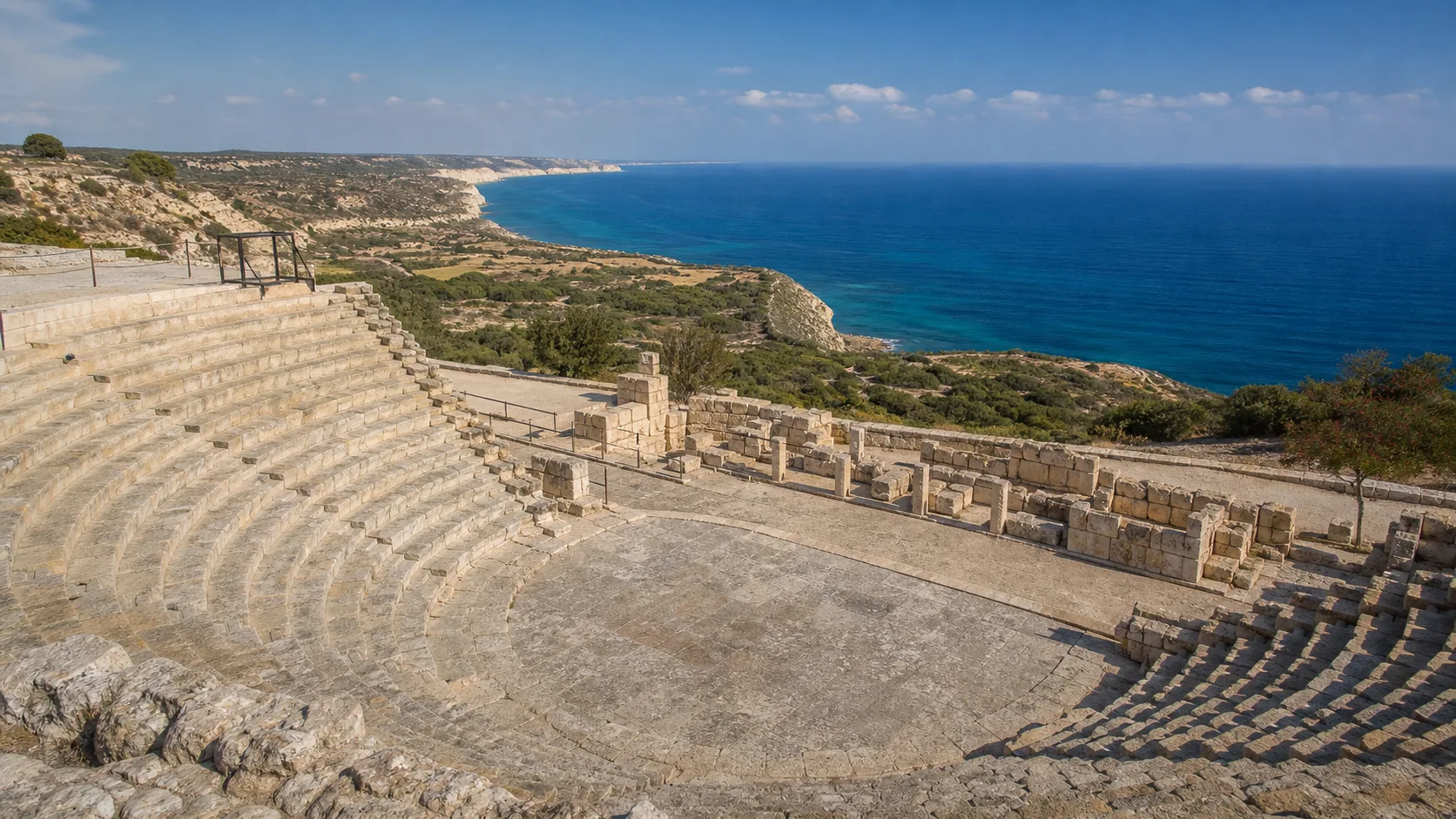 The ancient theatre at Kourion looking over the south coast and Mediterranean Sea