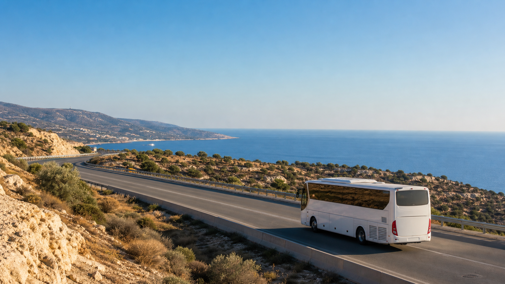 An unbranded white airport coach travelling on a sunlit coastal road towards Limassol