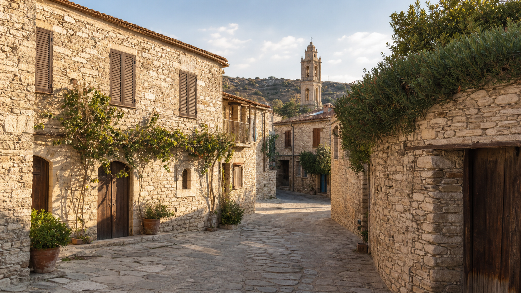 A quiet stone lane lined with traditional houses in Lefkara, Cyprus