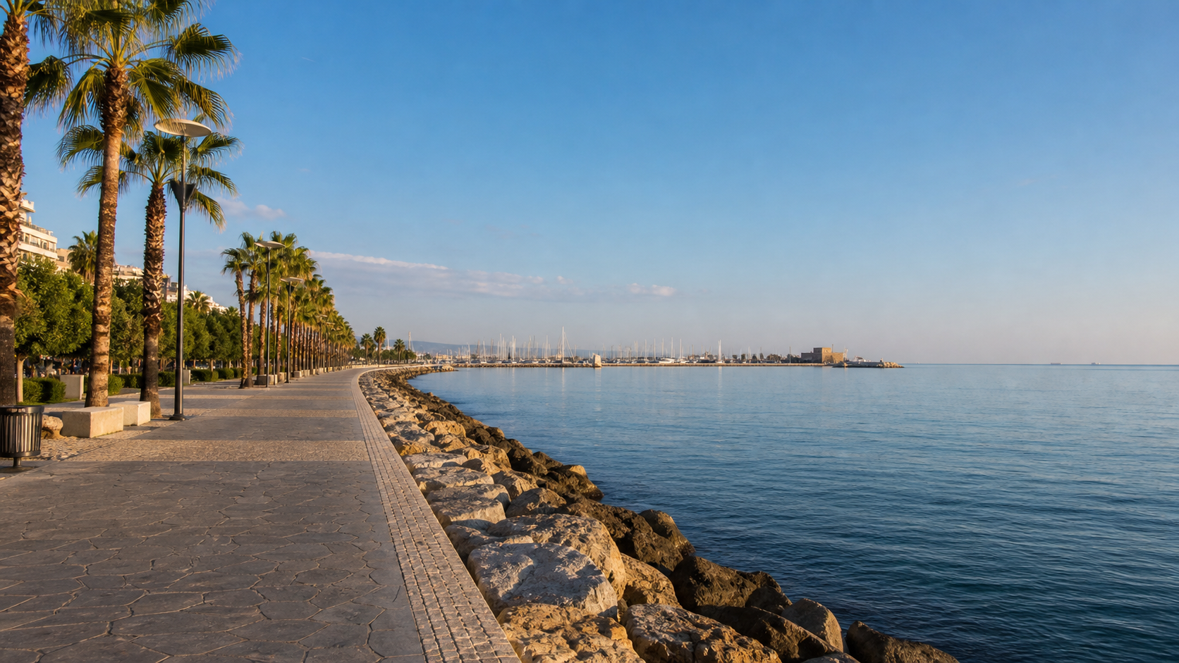 Palm-lined Limassol promenade beside calm blue sea, looking towards the marina and old harbour