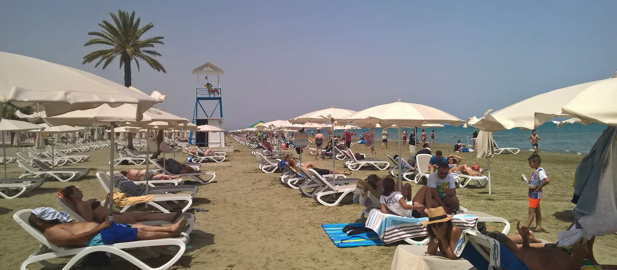 Mackenzie Beach in Larnaca on a sunny June day, with rows of white sunbeds and cream umbrellas on golden sand, a white and blue lifeguard tower beside a palm tree and calm blue sea on the right