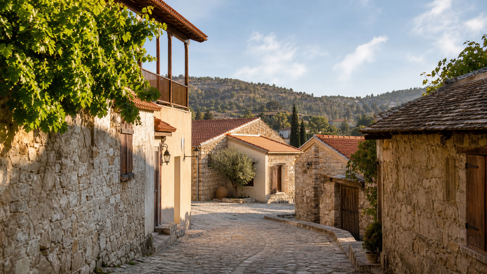 A quiet cobbled lane between traditional stone houses in Omodos, Cyprus, with grapevines and Troodos hills behind