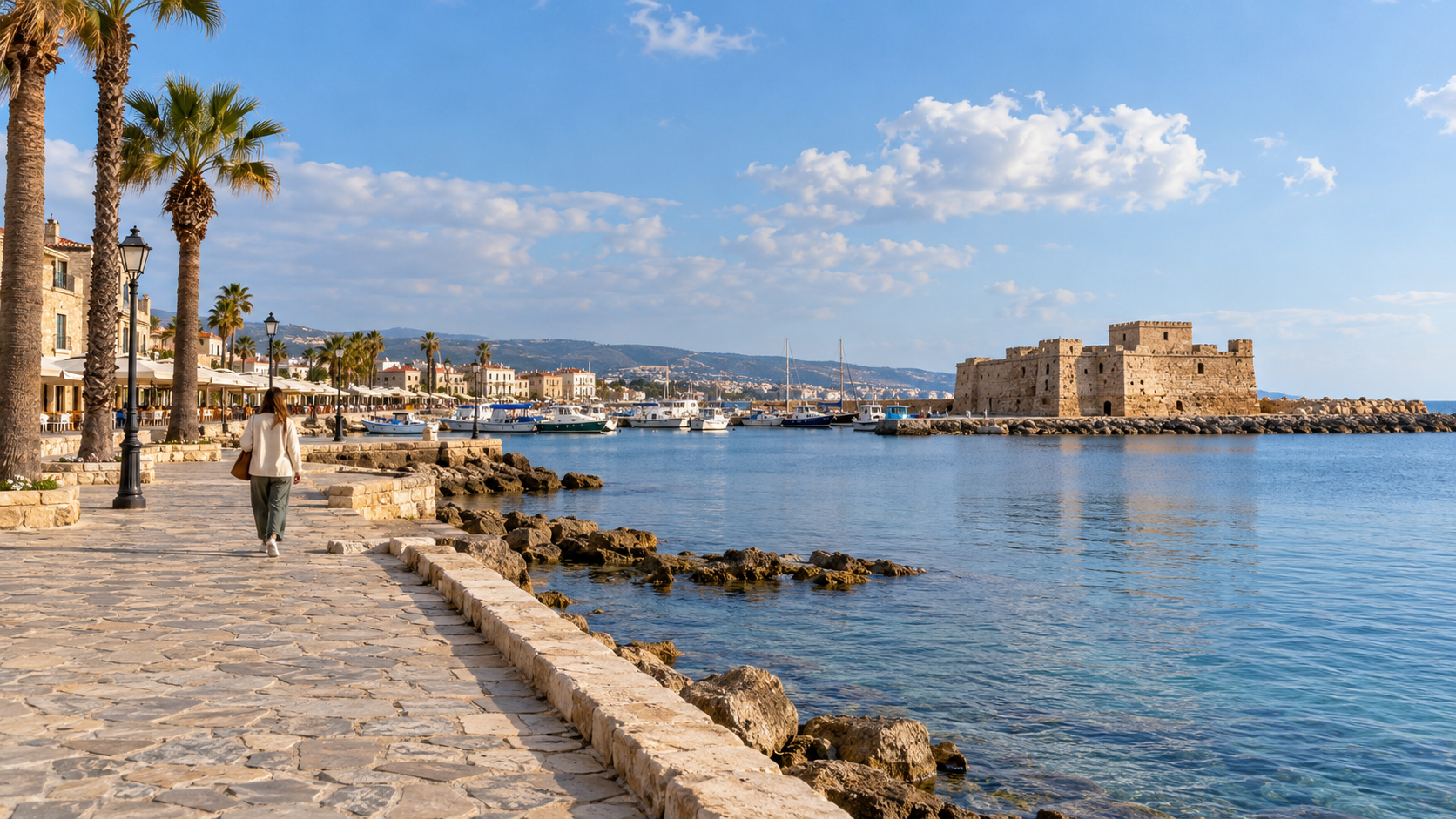 Illustrative early-spring view of a visitor walking beside Paphos harbour, with palm trees, boats and Paphos Castle across calm water