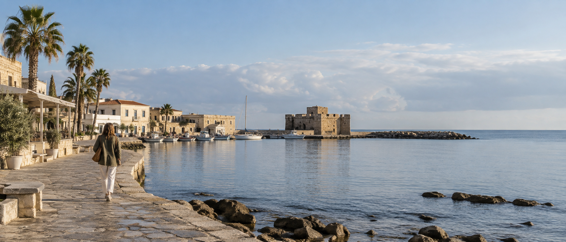 Paphos harbour promenade on a calm December morning, with a visitor in a green jacket walking beside palm trees and the Medieval Castle across the water
