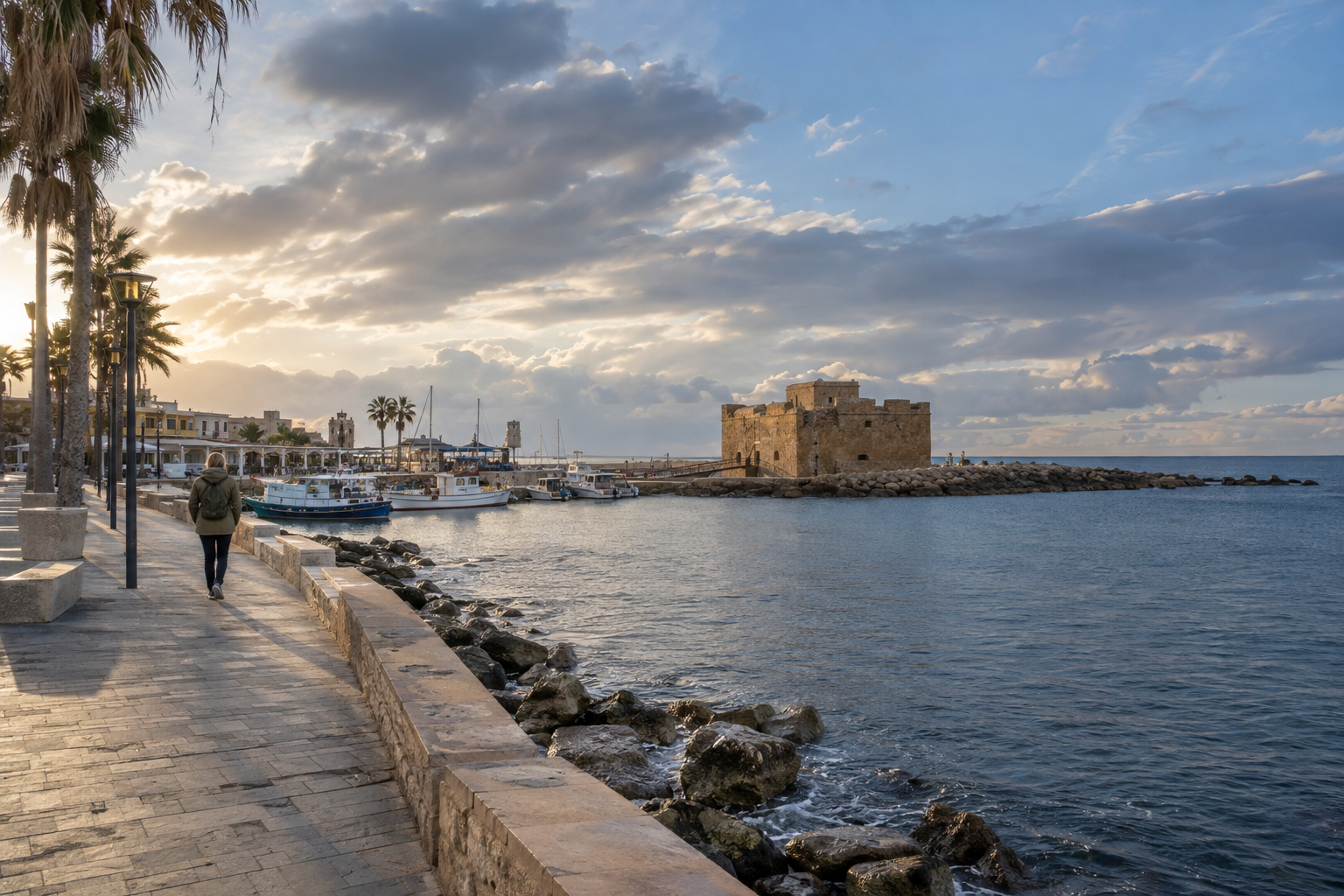 A visitor in an olive jacket walking beside Paphos harbour under changeable February clouds, with the Medieval Castle across the water