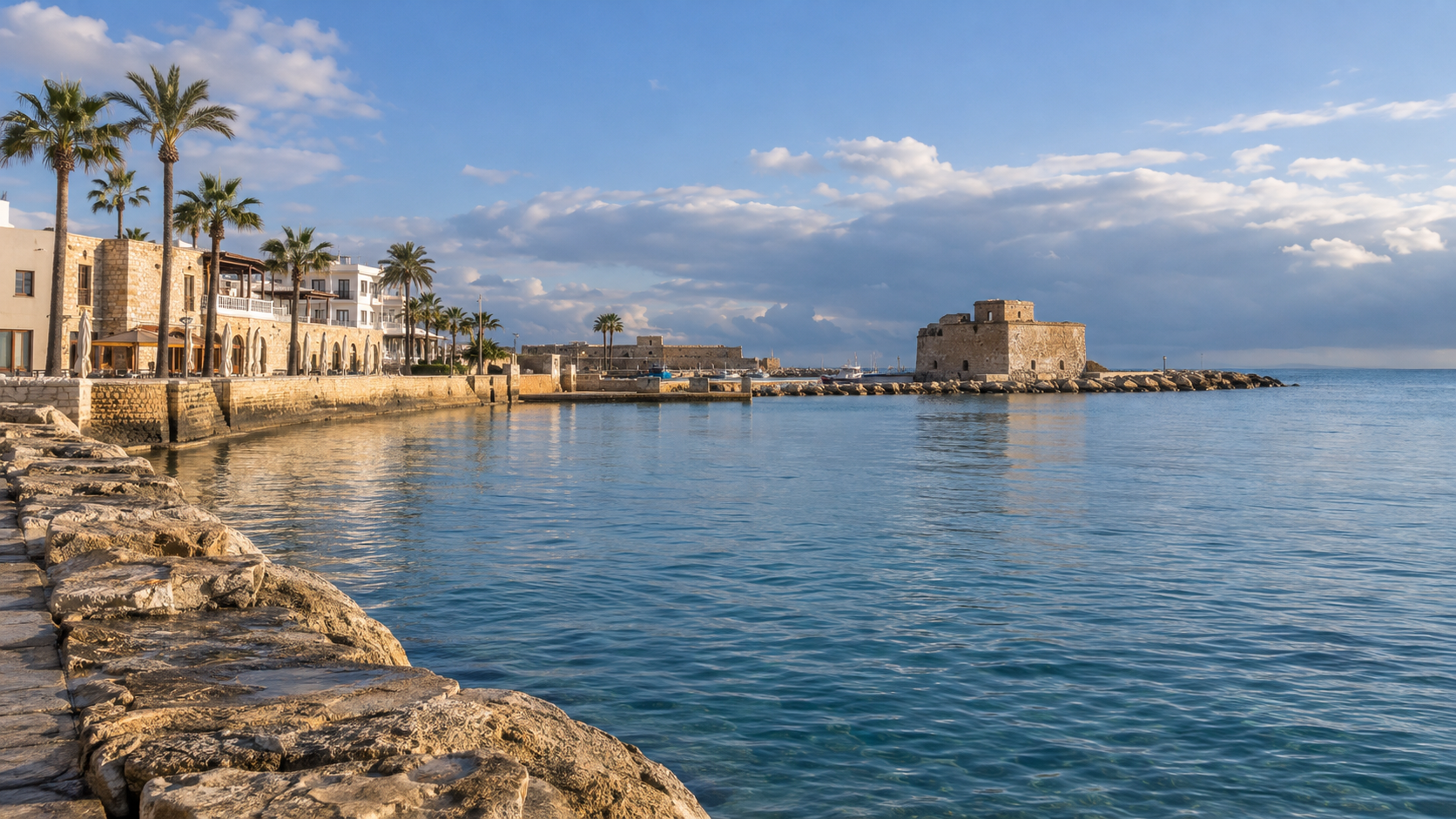 Paphos harbour and medieval castle in soft January sunshine, with calm blue water and winter clouds