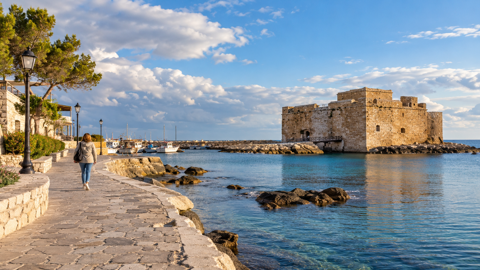 A visitor walking along Paphos harbour on a bright early-spring day, with Paphos Castle across the water under scattered clouds
