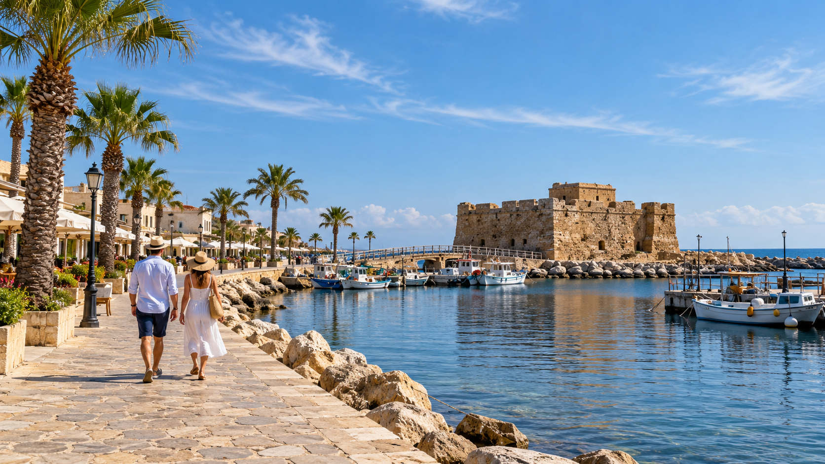Illustrative late-spring waterfront scene with two visitors walking beside a harbour, palm trees, boats and a stone fort under a blue sky