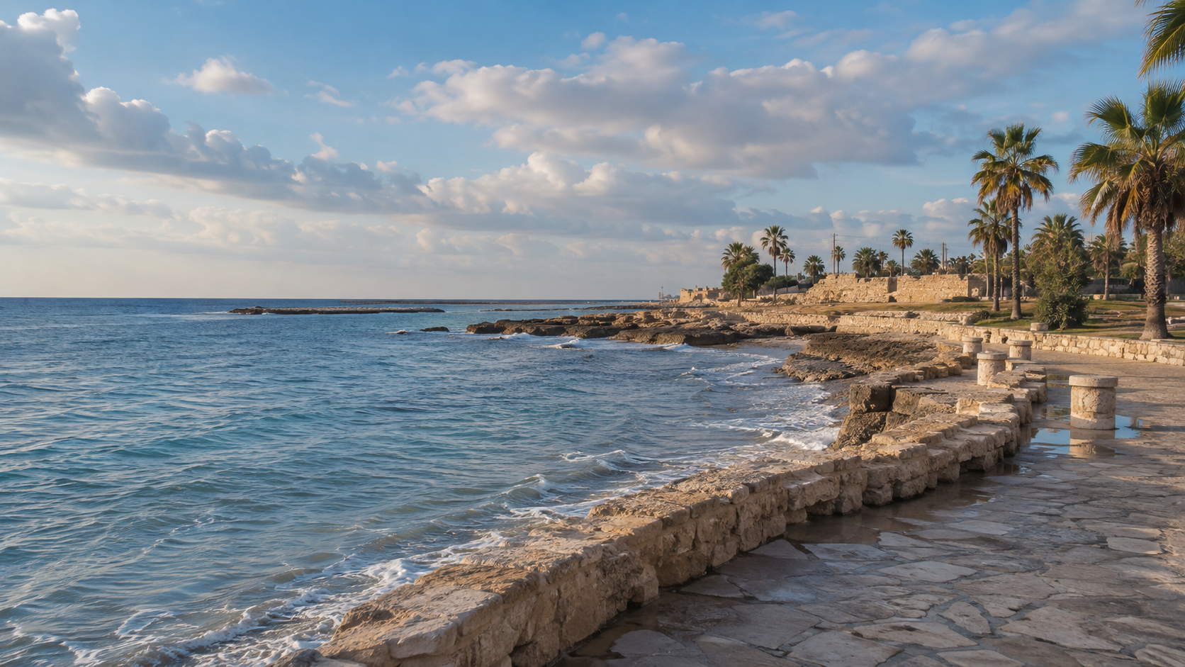 A quiet Paphos seafront promenade with pale stone, palms and calm Mediterranean water in soft November sunshine