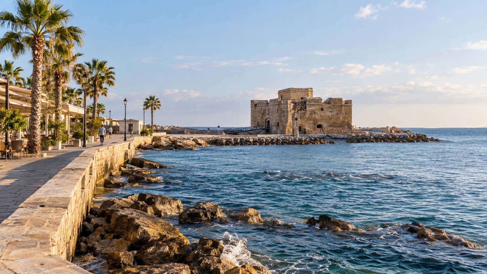 Paphos harbour promenade and Medieval Castle in warm early-October light, with palms, calm blue water and a few distant pedestrians