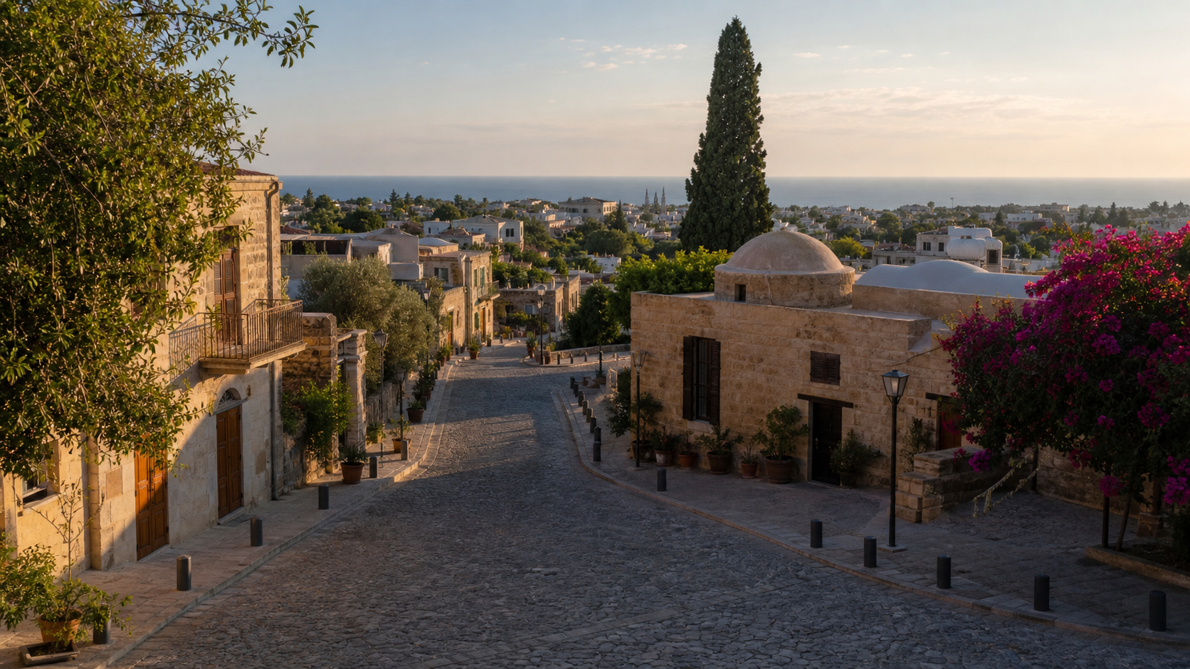 A sunlit cobbled street descends between stone buildings and bougainvillea towards the Mediterranean