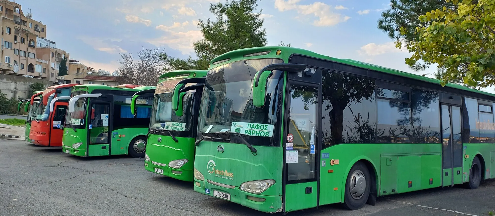 Green Intercity Buses coaches parked at the Paphos terminal with PAPHOS destination boards in the windscreens