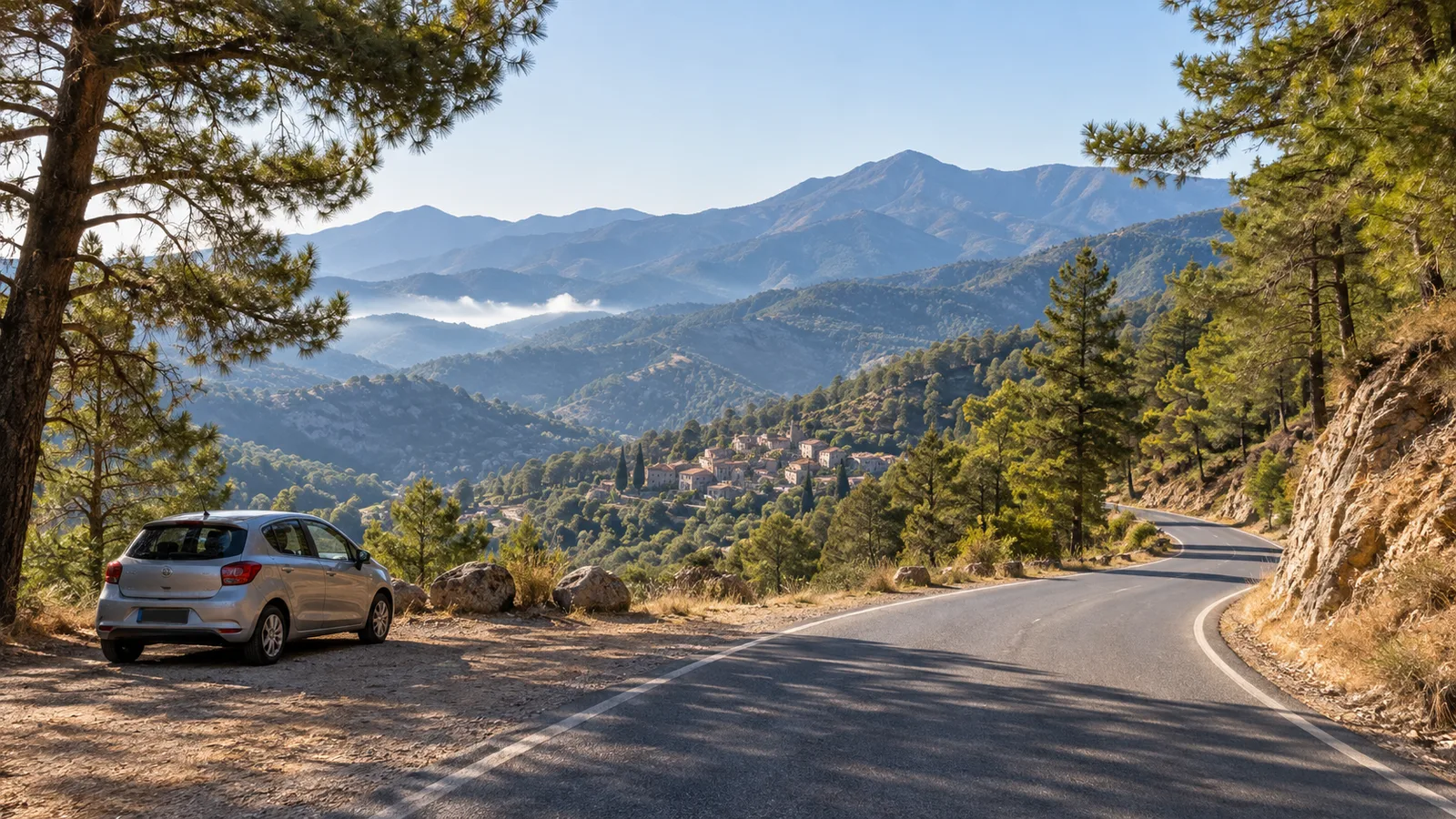 An illustrative mountain road through pine trees above a traditional Cyprus village, representing the drive from Paphos to Troodos