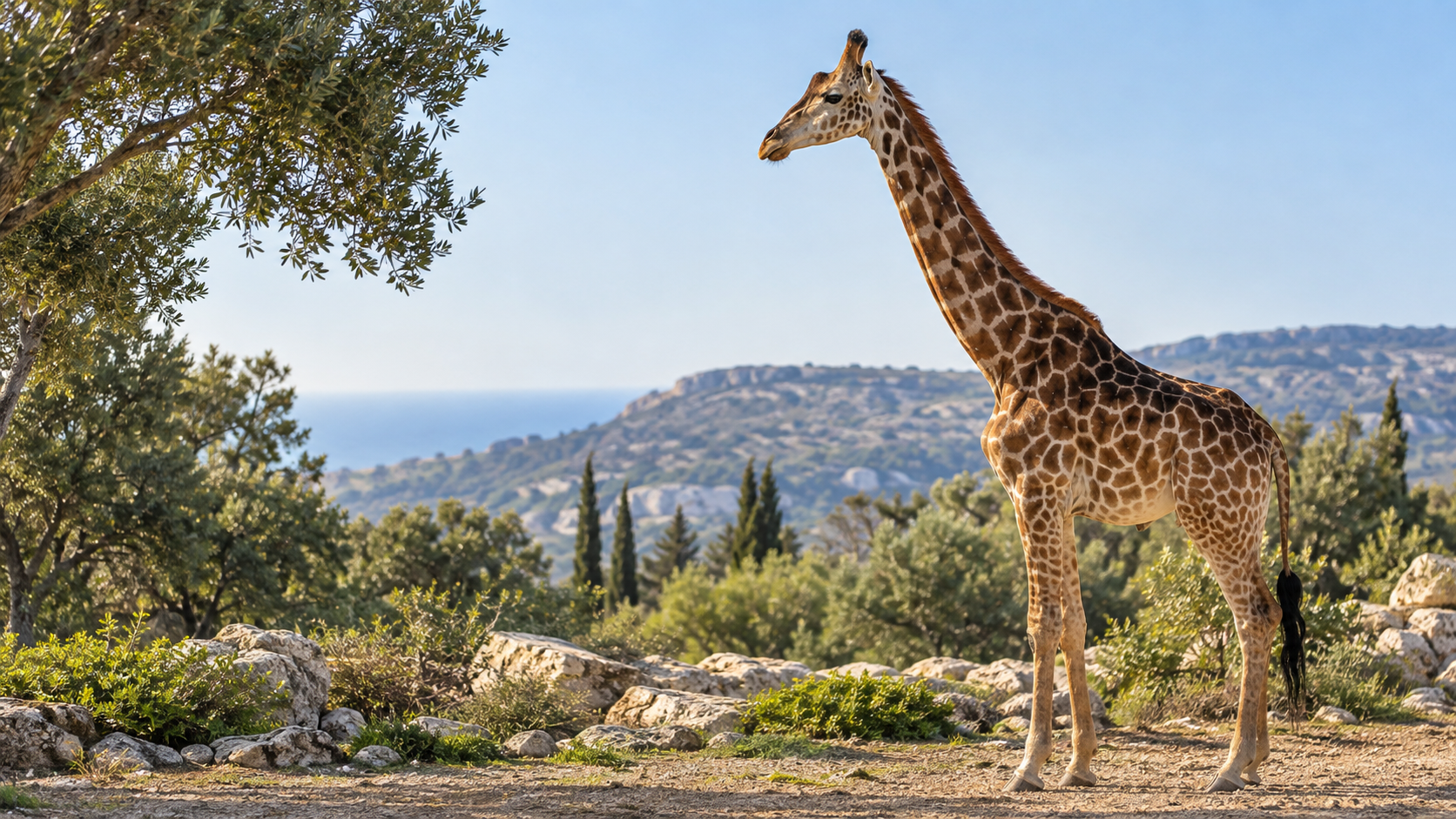 Illustrative image of a giraffe in a Mediterranean landscape; it is not a photograph of Paphos Zoo