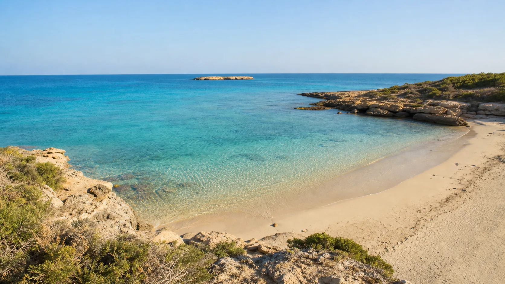 Clear turquoise water meeting pale sand and low limestone rocks on a Protaras-style Cyprus cove